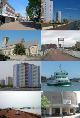 Clockwise from top left: The High Street, The Esplanade, The Millennium Footbridge over Forton Lake, The Gosport Ferry which links the town with Portsmouth, Gosport Town Hall, Stokes Bay, High-rise flats, and St Mary's Church.