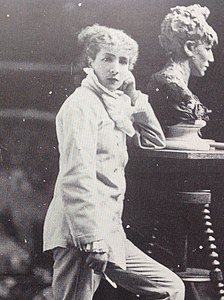 Bernhardt with her 1878 bust of Medea in her sculpture studio in Montmartre, Paris