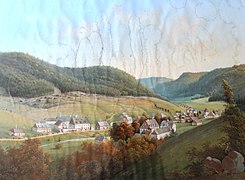 Blick nach Süden zum Hirschenstander Pass, vorn das Hammerherrenhaus, links das Gasthaus – später: Hotel Am Auersberg (Aquarell um 1830)