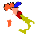 1860: ██ Sardiinia kuningriik ██ Lombardia–Veneetsia kuningriik ██ Kirikuriik ██ Mõlema Sitsiilia kuningriik Pärast Lombardia, Toscana suurhertsogkonna ning Emilia ja Romagna hertsogkondade annekteerimist.