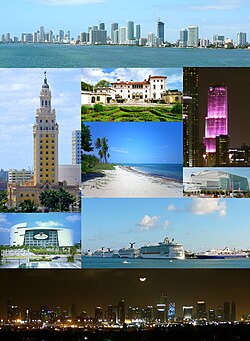 Z pravého horního rohu: panorama centra města, Freedom Tower, Vila Vizcaya, Miami Tower, pláž Viginia Key, The Arsht Center, AmericanAirlines Arena, Přístav Miami