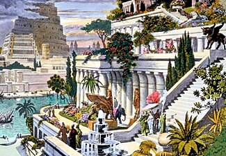 Una pintura idealitzada del segle xvi dels Jardins penjants de Babilònia, per Martin Heemskerck. Al fons pot distingir-se la Torre de Babel