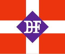 Dessin en couleurs d'un drapeau à fond rouge divisé en quatre par une croix blanche avec au centre les initiales « D F».