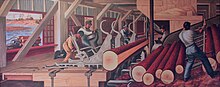 Post Office mural "Lumber Manufacturing" by Jerry Bywaters, 1942.