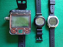 Hydrospace Explorer Trimix and rebreather dive computer. Suunto Mosquito with aftermarket strap and iDive DAN recreational dive computers