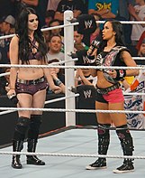 AJ Lee de pie en un ring de lucha libre con Paige