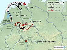 Landkarte der Drususfeldzüge der Jahre 12 und 11 v. Chr.