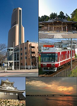 Dari atas kiri: Act City Hamamatsu, Akihasan Hongū Akiha Jinja, Landasan Kereta Api Enshu, Istana Hamamatsu, Hamana Ōhasi