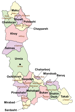 Location of Showt County in West Azerbaijan province (top, purple)