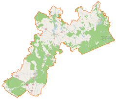 Mapa konturowa powiatu myśliborskiego, blisko centrum na prawo znajduje się punkt z opisem „Chocień”