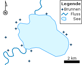 Zur Veranschaulichung eine einfache Landkarte im Vektorformat mit: Punkten (Brunnen), Polylinien (Flüsse) und Polygon (See).