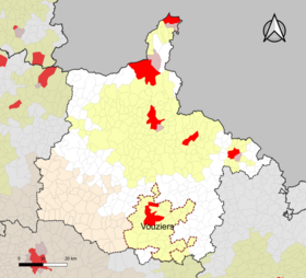 Localisation de l'aire d'attraction de Vouziers dans le département des Ardennes.