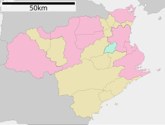 Mapa konturowa prefektury Tokushima, po prawej znajduje się punkt z opisem „Katsuura”