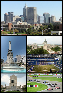 Clockwise from top: Downtown Indianapolis skyline, as seen from IUPUI, the Indiana Statehouse, Lucas Oil Stadium, Indianapolis Motor Speedway, the Indiana World War Memorial Plaza, and the Soldiers' and Sailors' Monument.