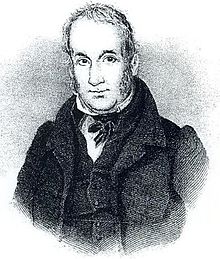 A black and white engraving of a man with short hair, sideburns, and a serious expression, wearing a high-collared shirt, a cravat, and a dark coat.