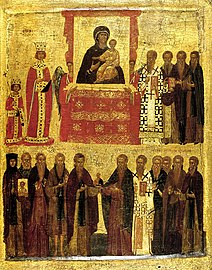 The "Triumph of Orthodoxy" in 843. St. Methodius is depicted in the upper register, to the right of the icon.