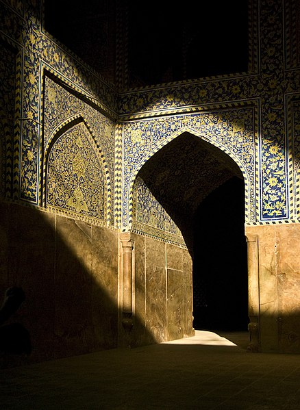 Iran: The Shah Mosque (Persian: مسجد شاه), also known as Imam Mosque (Persian: مسجد امام), renamed after the 1979 Iranian Revolution, and Jaame' Abbasi Mosque, is a mosque in Isfahan, standing in south side of Naghsh-e Jahan Square. Built during the Safavid period, ordered by the first Shah Abbas of Persia. It is registered, along with the Naghsh-e Jahan Square, as a UNESCO World Heritage Site. Its construction began in 1611, and its splendor is in large part due to the beauty of its seven-colour mosaic tiles and calligraphic inscriptions. The mosque is depicted on the reverse of the Iranian 20,000 rial banknote.