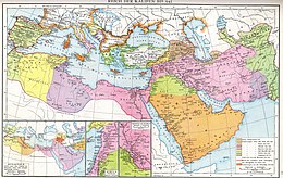 A map of northern Africa, southern Europe and western and central Asia with different color shades denoting the stages of expansion of the caliphate