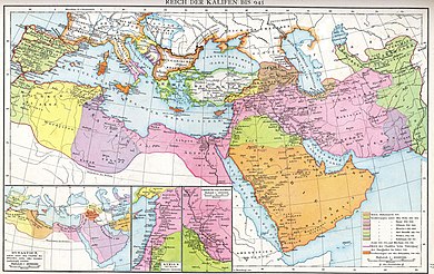 A map of northern Africa, southern Europe and western and central Asia with different color shades denoting the stages of expansion of the caliphate