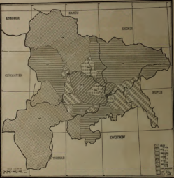 Map of Szechwan showing division of the field by six Protestant mission societies in 1922: ABF, CIM, CMM, CMS, FFMA, and MEFB.