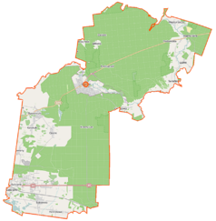 Mapa konturowa gminy Supraśl, na dole nieco na lewo znajduje się punkt z opisem „Majówka”