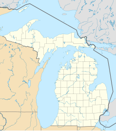 Mapa konturowa Michigan, blisko dolnej krawiędzi po prawej znajduje się punkt z opisem „Woodhaven”