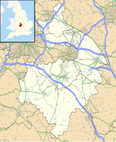 Mapa konturowa Warwickshire, u góry nieco na prawo znajduje się punkt z opisem „Weston in Arden”