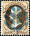 US 2-cent stamp of 1870, cancelled with a leaf shape in blue ink