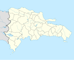 Mapa konturowa Dominikany, po prawej nieco na dole znajduje się punkt z opisem „Estadio Francisco Micheli”