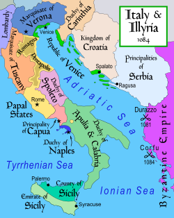 The Duchy (in green) in the political context of Italy and the Balkans in 1084.