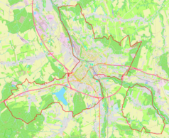 Mapa konturowa miasta Frydek-Mistek, w centrum znajduje się punkt z opisem „miejsce bitwy”