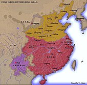 A map showing the territory of the Song dynasty after suffering losses to the Jin dynasty. The western and southern borders remain unchanged from the previous map, however the northernmost third of the Song's previous territory is now under control of the Jin. The Xia dynasty's territory remains unchanged. In the southwest, the Song is bordered by a territory about a sixth its size, Nanchao.