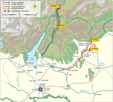 Theater map shows the battles of San Michele, 2nd Bassano, and Calliano in November 1796.