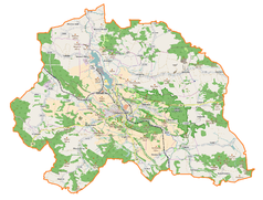 Mapa konturowa gminy Lwówek Śląski, blisko centrum na dole znajduje się punkt z opisem „Pałacyk Mojesz”