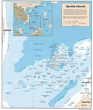 Karte der Spratly-Inseln, mittig Mischief Reef