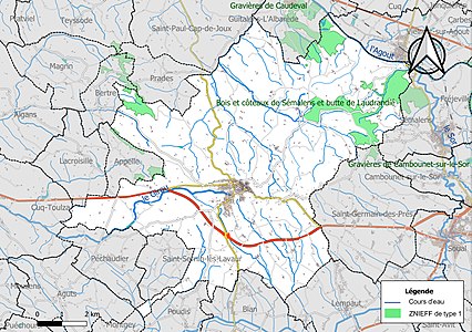 Carte des ZNIEFF de type 1 sur la commune.