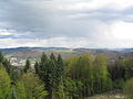 Blick vom Hirschkopf bei Weinheim in die Mischzone. Die Buntsandstein-Bergkette vom Hardberg (Sendemast) bis zur Stiefelhöhe ist als höher gelegene Stufe sichtbar.