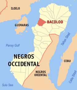 Mapa ng pulo ng Negros ipinakikita ang lokasyon ng Lungsod ng Bacolod.