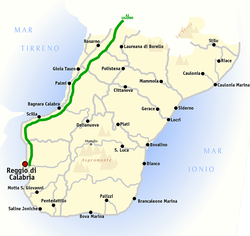 Mapa ng Kalakhang Lungsod ng Regio de Calabria, na ang Gioia Tauro ay matatagpuan sa kalsadang A2 (ang A2 ay ang lunti).