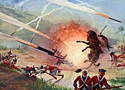 A painting showing the Mysorean army fighting the British forces with Mysorean rockets, which used metal cylinders to contain the combustion powder.[38]