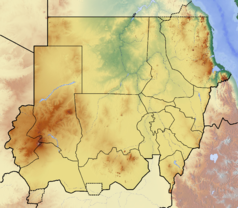 Mapa konturowa Sudanu, na dole po lewej znajduje się owalna plamka nieco zaostrzona i wystająca na lewo w swoim dolnym rogu z opisem „Kundi”