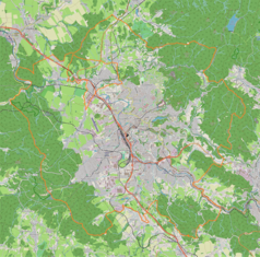 Mapa konturowa Liberca, w centrum znajduje się punkt z opisem „Stadion U Nisy”