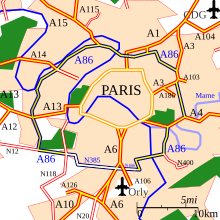 Ceintures périphériques de Paris, mettant en évidence l'autoroute A86