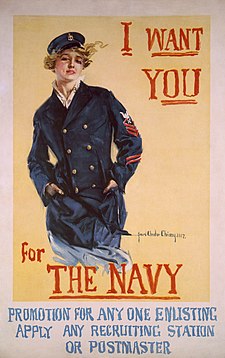 I want you for the Navy promotion for anyone enlisting, apply any recruiting station or postmaster: United States recruiting poster for women to enlist in the Navy, World War I.