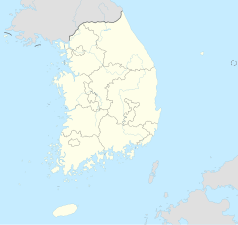 Mapa konturowa Korei Południowej, po lewej nieco na dole znajduje się punkt z opisem „Mokpo”