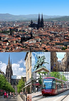 Photomontage: Paglantaw han historiko nga sawang tikang ha Parke Montjuzet (igbaw) Plaza Victoire ngan Notre-Dame-de-l'Assomption Cathedral, Estatuwa ni Vercingétorix ngan Kalsada Chaussetiers (butnga) Basilika han Notre-Dame du Port (ubós).