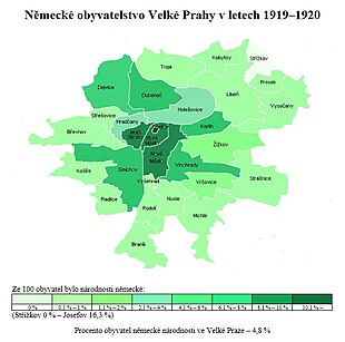 Mapa Velké Prahy, která barevně znázorňuje podíl obyvatel německé národnosti v jednotlivých čtvrtích