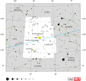 Diagram showing star positions and boundaries of the constellation of Cancer and its surroundings