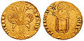 Fiorino d'oro, moneta: FLOR ENTIA giglio di Firenze; .S. IOHA-NNES B (tre mezzalune) - San Giovanni. Firenze 1332-1348. Le mezzalune sono il simbolo del monetiere