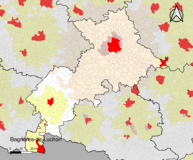 Localisation de l'aire d'attraction de Bagnères-de-Luchon dans le département de la Haute-Garonne.